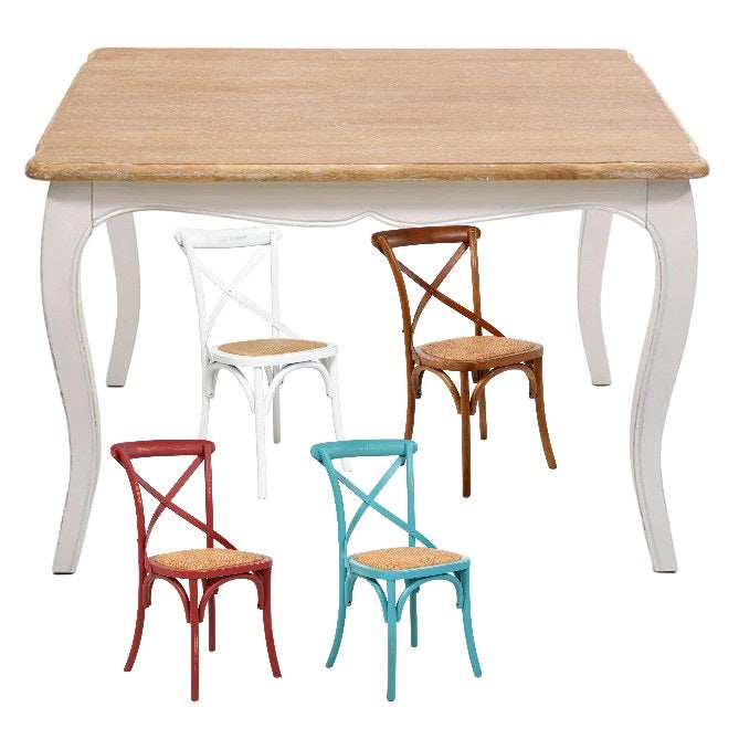 Mesa comedor Vittoria cuadrada blanca 130 cm + 8 sillas Retro colores