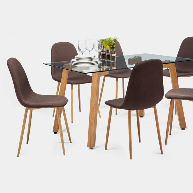 Mesa comedor Jockey rectangular natural 135 cm + 6 sillas Cross café/natural