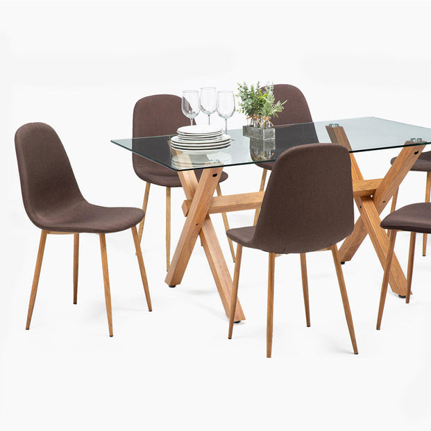 Mesa comedor Cross rectangular natural 145 cm + 6 sillas Cross café/natural