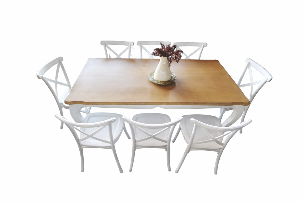 Mesa comedor Vittoria rectangular blanca 180 cm + 8 sillas PP Crossback blancas