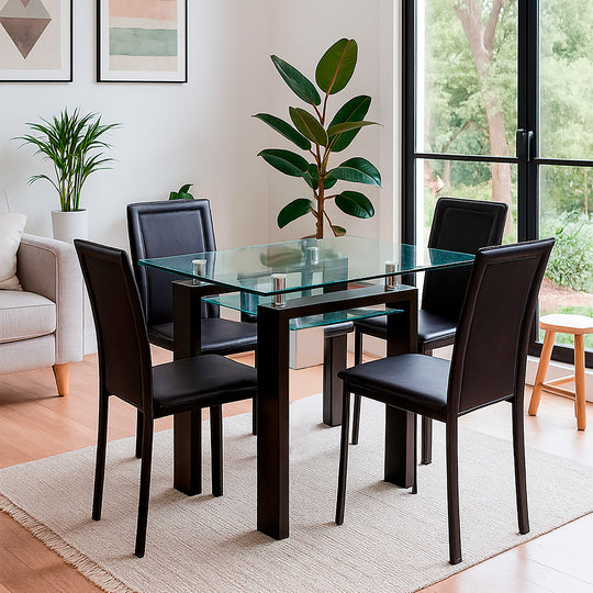 Mesa comedor Prisma cuadrada nogal 90 cm + 4 sillas Royal semi kd café