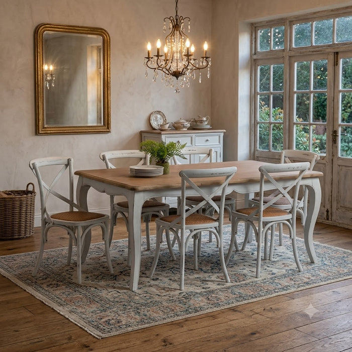 Mesa comedor Vittoria rectangular blanca 180 cm + 6 sillas Retro blancas