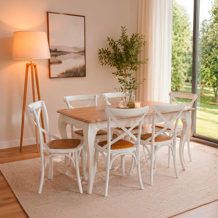Mesa comedor Vittoria rectangular blanca 135 cm + 6 sillas Retro blancas