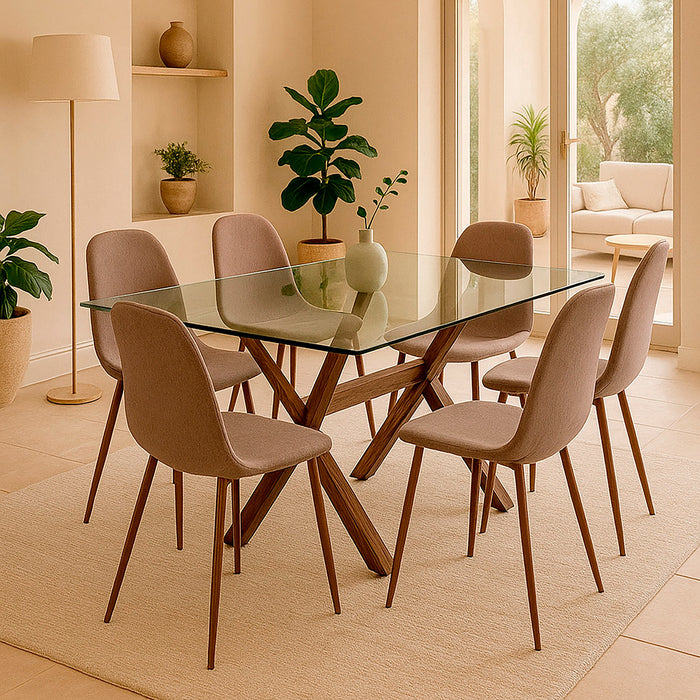 Mesa comedor Cross rectangular nogal 145 cm + 6 sillas Cross canela/nogal