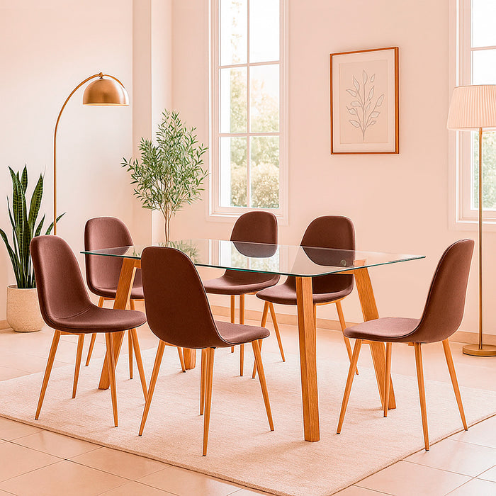 Mesa comedor Jockey rectangular natural 135 cm + 6 sillas Cross café/natural