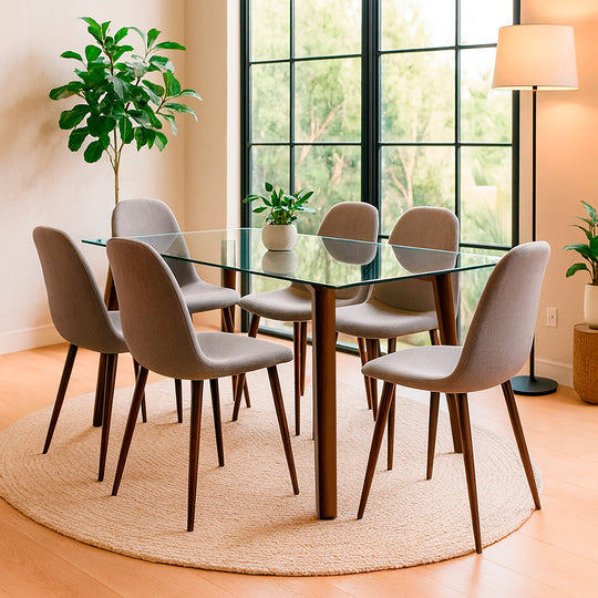 Mesa comedor Jockey rectangular nogal 135 cm + 6 sillas Cross canela/nogal