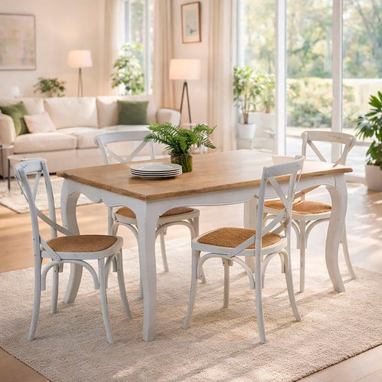 Mesa comedor Vittoria rectangular blanca 135 cm + 4 sillas Retro blancas