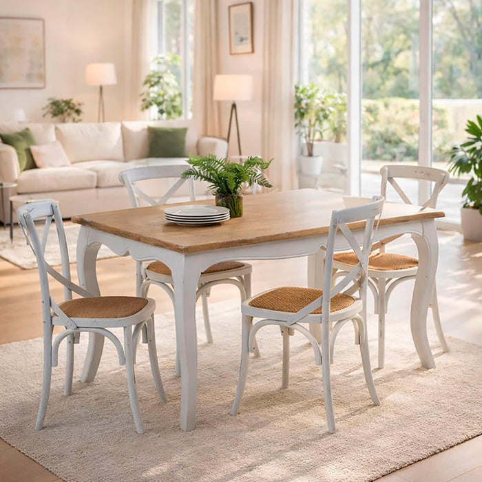 Mesa comedor Vittoria rectangular blanca 135 cm + 4 sillas Retro blancas