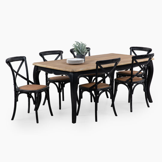 Mesa comedor Vittoria rectangular negra 180 cm + 6 sillas Retro negras