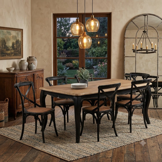Mesa comedor Vittoria rectangular negra 180 cm + 6 sillas Retro negras