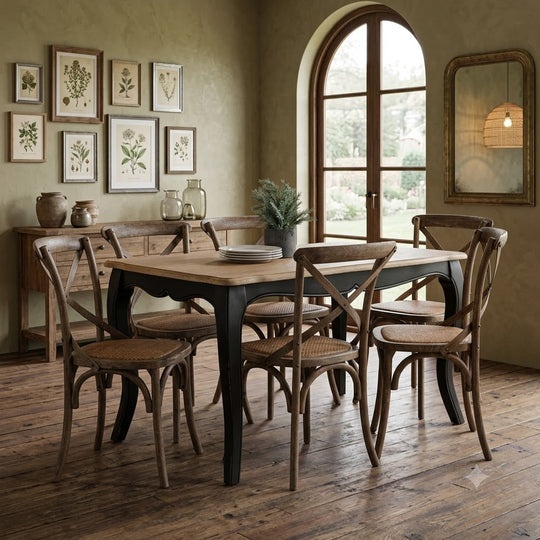 Mesa comedor Vittoria rectangular negra 180 cm + 6 sillas Retro albayalde