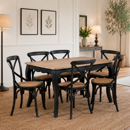 Mesa comedor Vittoria rectangular negra 135 cm + 6 sillas Retro negras