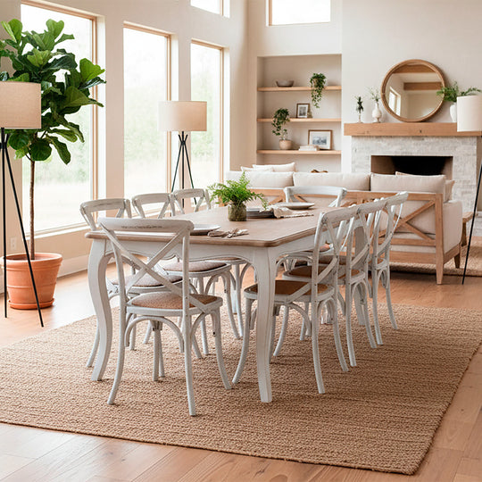 Mesa comedor Vittoria rectangular blanca 180 cm + 8 sillas Retro blancas