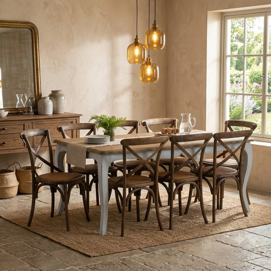 Mesa comedor Vittoria blanca 180 cm + 8 sillas Retro albayalde