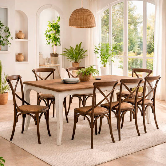 Mesa comedor Vittoria rectangular blanca 180 cm + 6 sillas Retro albayalde