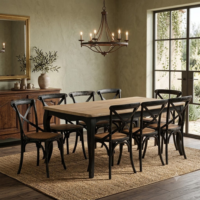Mesa comedor Vittoria rectangular negra 180 cm + 8 sillas Retro negras