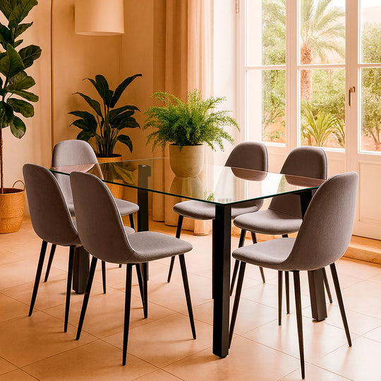 Mesa comedor Jockey rectangular negro 135 cm + 6 sillas Cross canela/negro