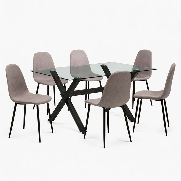 Mesa comedor Cross rectangular negra 145 cm + 6 sillas Cross canela/negra