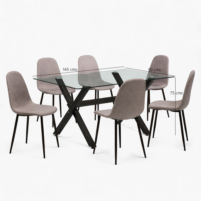 Mesa comedor Cross rectangular negra 145 cm + 6 sillas Cross canela/negra