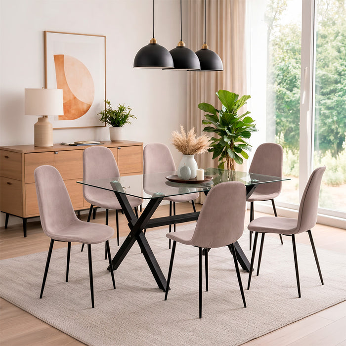 Mesa comedor Cross rectangular negra 145 cm + 6 sillas Cross canela/negra