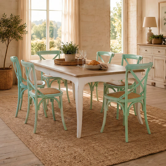 Mesa comedor Vittoria rectangular blanca 135 cm + 6 sillas Retro verde agua