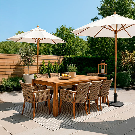 Mesa comedor terraza Río café mate + 8 sitiales Río café mate