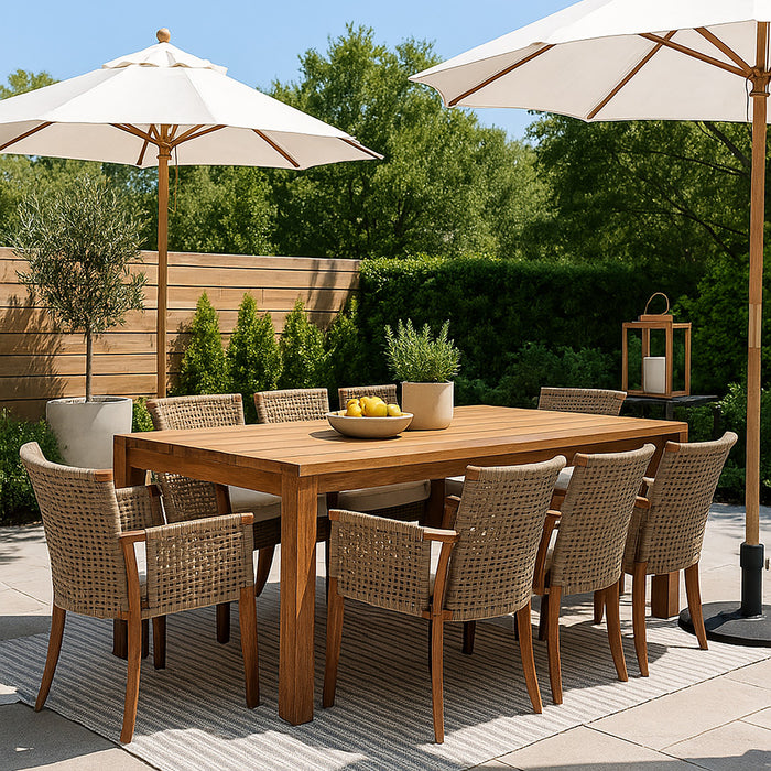 Mesa comedor terraza Río café mate + 8 sitiales Río café mate