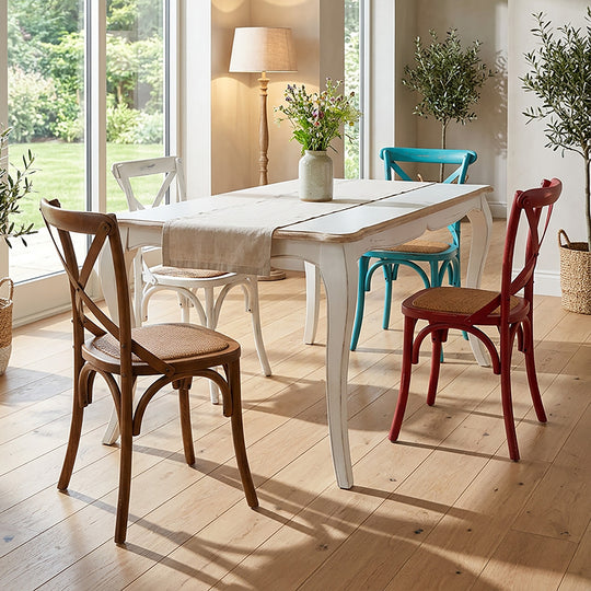 Mesa comedor Vittoria rectangular blanca 180 cm + 8 sillas Retro colores