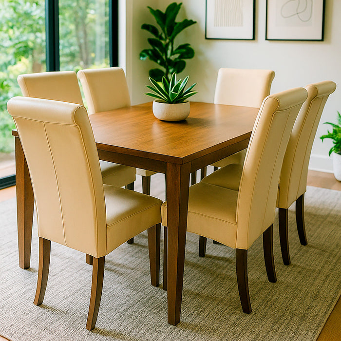 MESA COMEDOR RETRO CUADRADA CAFÉ MATE + 6 SILLAS BOCACCIO PU BEIGE