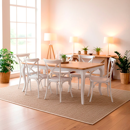 Mesa comedor Vittoria rectangular blanca 135 cm + 6 sillas PP Crossback blancas