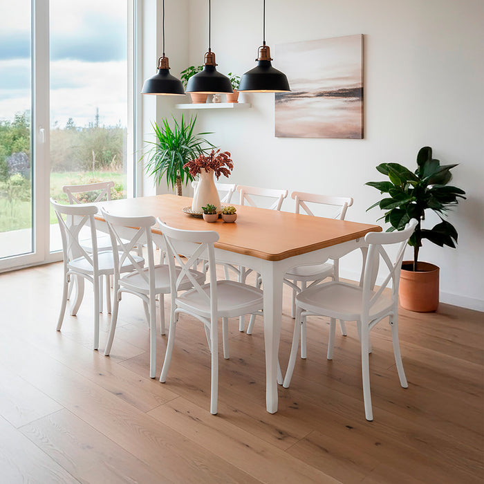Mesa comedor Vittoria rectangular blanca 180 cm + 8 sillas PP Crossback blancas
