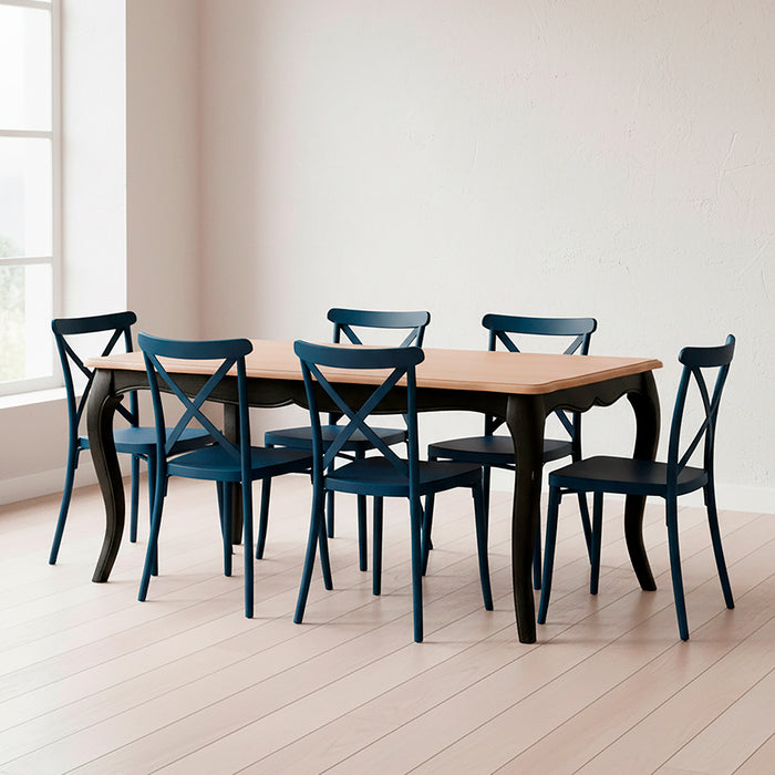 Mesa comedor Vittoria rectangular negra 135 cm + 6 sillas PP Crossback negras