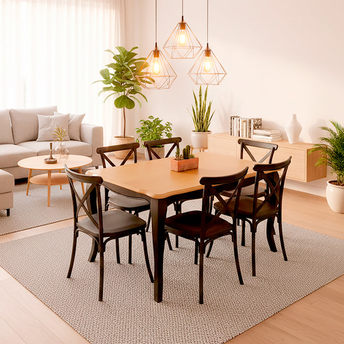 Mesa comedor Vittoria rectangular negra 135 cm + 6 sillas PP Crossback negras