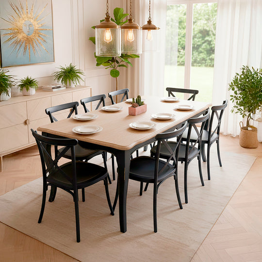 Mesa comedor Vittoria rectangular negra 180 cm + 8 sillas PP Crossback negras