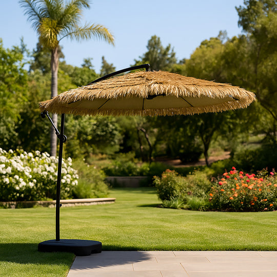 Quitasol New Banana Tiki Raffia con Base Estanque de Agua