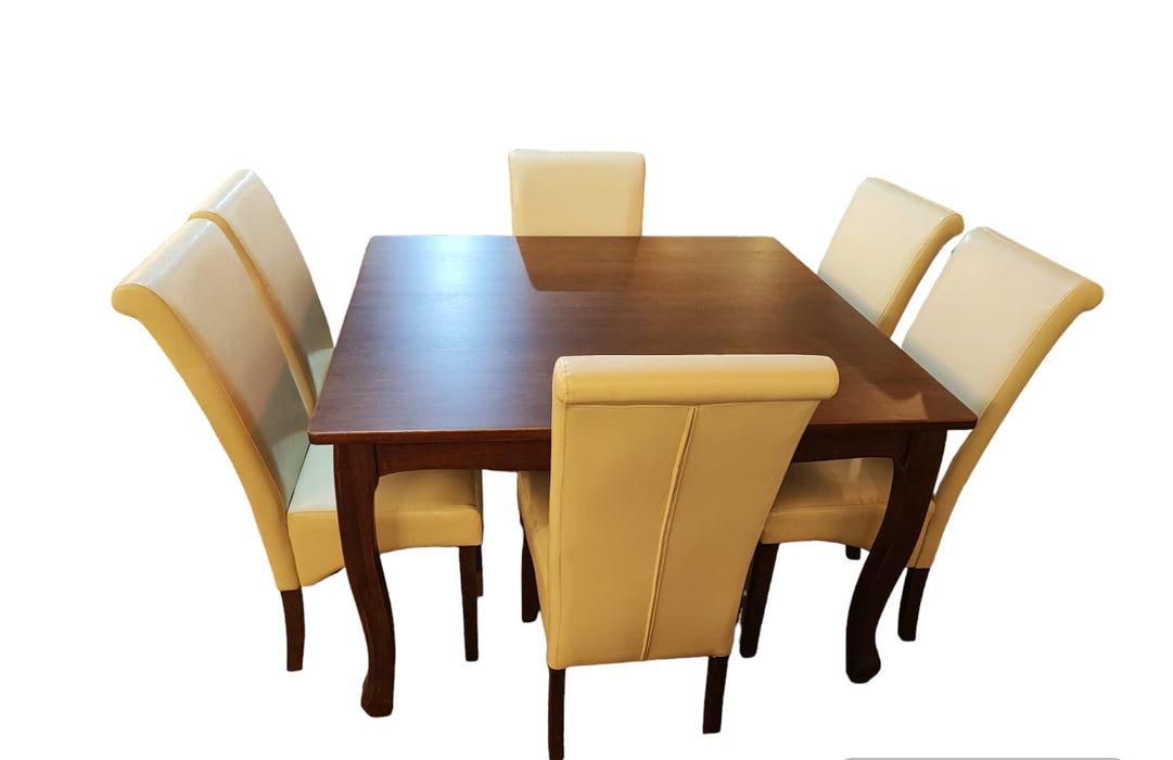 MESA COMEDOR RETRO CUADRADA CAFÉ MATE + 6 SILLAS BOCACCIO PU BEIGE