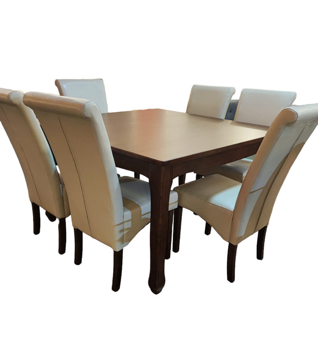 MESA COMEDOR RETRO CUADRADA CAFÉ MATE + 6 SILLAS BOCACCIO PU BEIGE