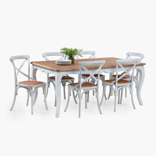 Mesa comedor Vittoria rectangular blanca 180 cm + 6 sillas Retro blancas