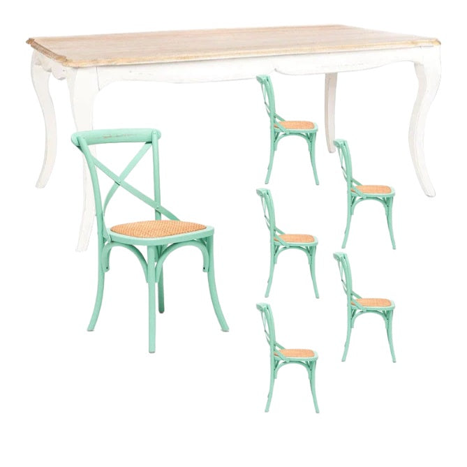 PREVENTA Mesa comedor VITTORIA rectangular blanca 135x85x75 cm + 6 sillas RETRO verde agua 44x42x89 cm