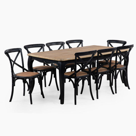 Mesa comedor Vittoria rectangular negra 180 cm + 8 sillas Retro negras