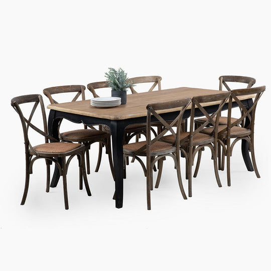 Mesa comedor Vittoria rectangular negra 180 cm + 8 sillas Retro albayalde