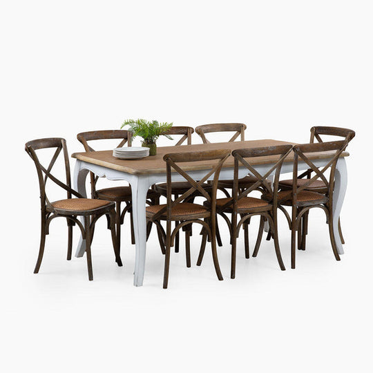 Mesa comedor Vittoria blanca 180 cm + 8 sillas Retro albayalde