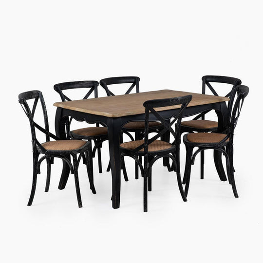 Mesa comedor Vittoria rectangular negra 135 cm + 6 sillas Retro negras