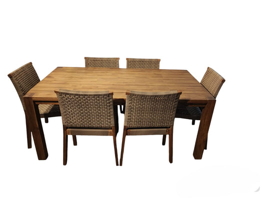 Mesa comedor terraza Rio café mate + 6 sillas Windsor café mate