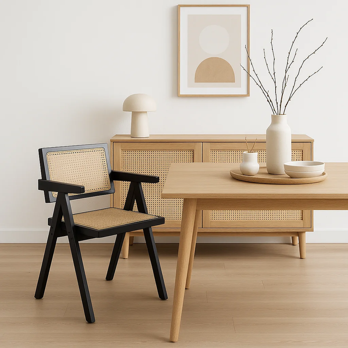 Silla Sitial Butaca Chandigarh Madera Rattan Negra