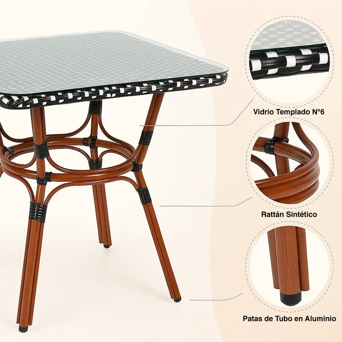 Mesa Bistro Parisina de Vidrio con Metál y Rattan Sintético