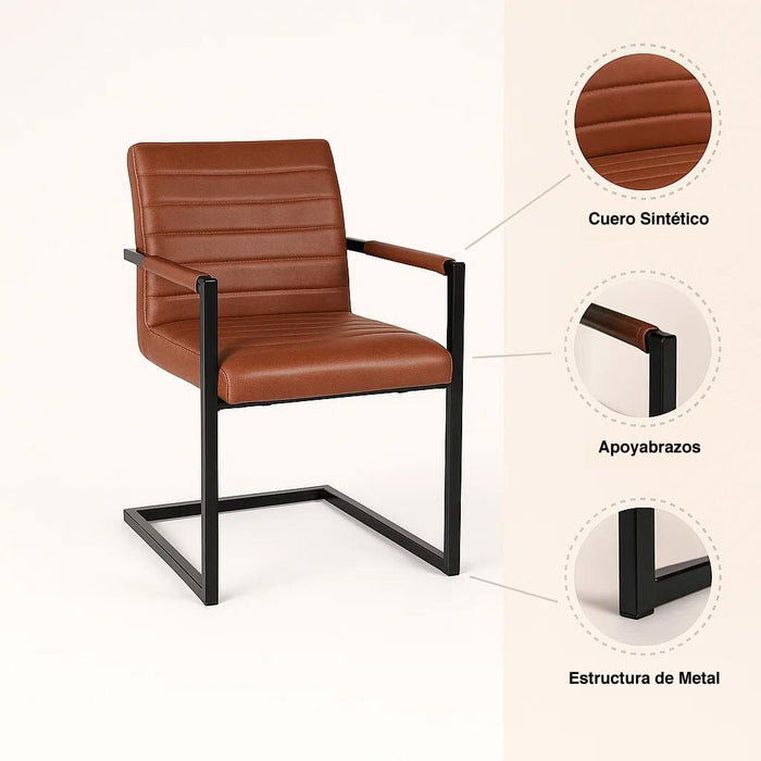 Pack de 2 Sillas Industriales de Cuero Sintético Marrón con Base Metálica – Café