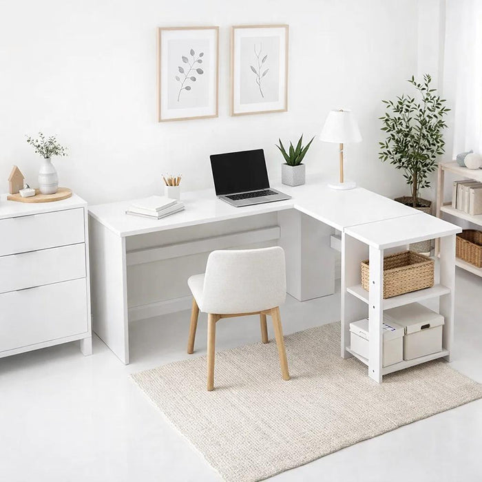 Escritorio Luma Corner en L Blanca con Repisas