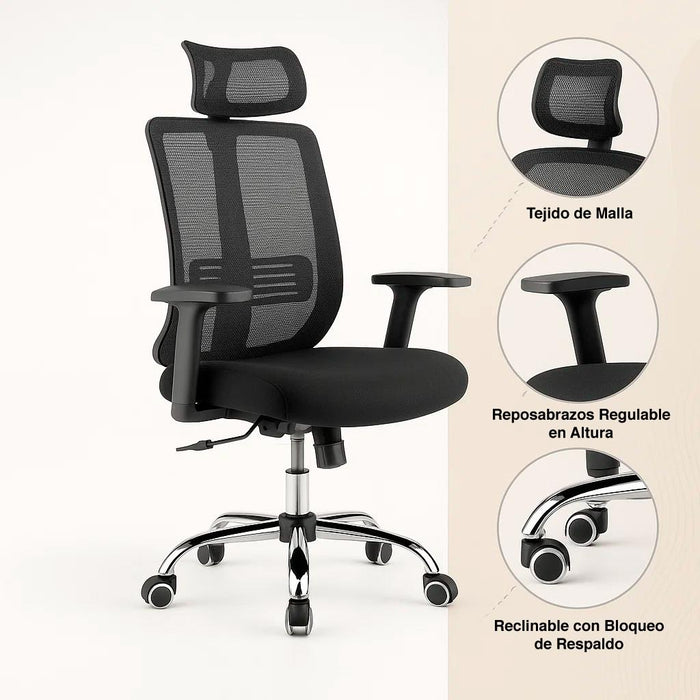 Silla de oficina mesh negra ejecutiva con apoyabrazos y cabeza