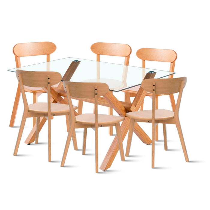 Comedor de Vidrio Cross 140x90cm + 6 Sillas Fresno de Madera